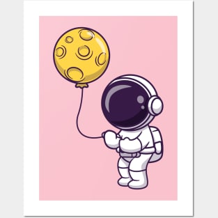 Cute Astronaut Holding Moon Balloon Cartoon Posters and Art